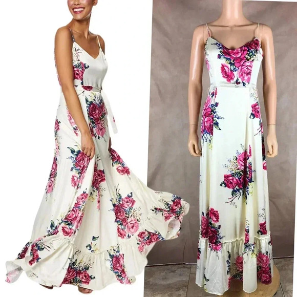 Betsey Johnson Floral Romantic Satin Maxi Dress NWD Size 0 - Picture 1 of 11